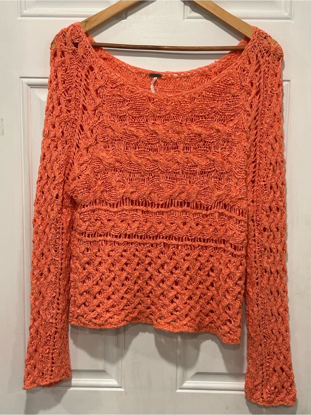 Free People Coral Crochet Knit Sweater Pullover Boho Coastal Long Sleeve Medium